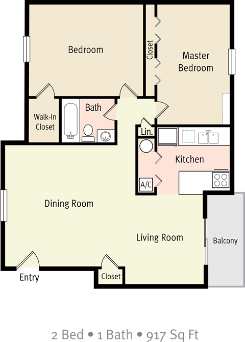 Floor plan for 2 beds, 1 bath, 917 sqft